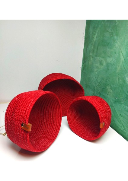 El Dokuma Kırmızı Hasır Sepet Takımı, Çok Amaçlı ve Şık Tasarım