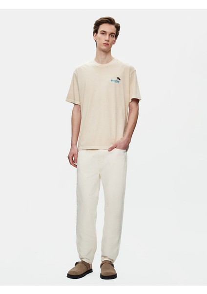 Erkek Kısa Kollu Sıfır Yaka Sırtı Baskılı Loose Bej T-shırt