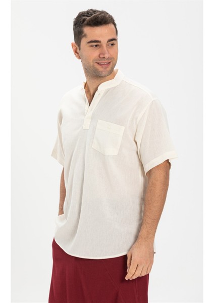 Büyük Beden Şile Bezi Kısa Kol Tek Cepli Hakim Yaka Erkek Yazlık Tshirt Krem 3002