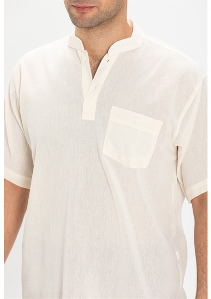 Büyük Beden Şile Bezi Kısa Kol Tek Cepli Hakim Yaka Erkek Yazlık Tshirt Krem 3002 modelleri