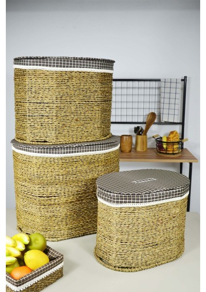 3'lü Naturel Oval Çamaşır Sepeti Bej Hasır, Şık ve Pratik Tasarım