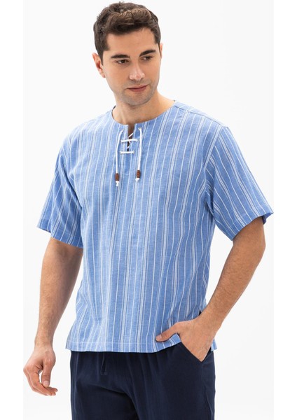 Kısa Kol Şile Bezi Zımbalı Erkek Tshirt Mavi Beyaz Çizgili