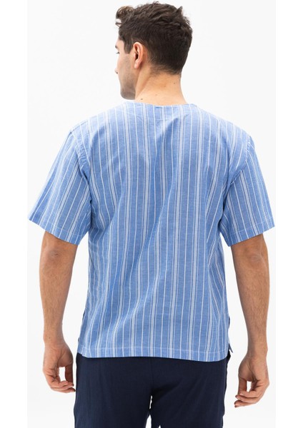 Kısa Kol Şile Bezi Zımbalı Erkek Tshirt Mavi Beyaz Çizgili