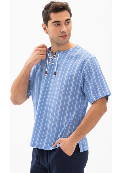 Kısa Kol Şile Bezi Zımbalı Erkek Tshirt Mavi Beyaz Çizgili