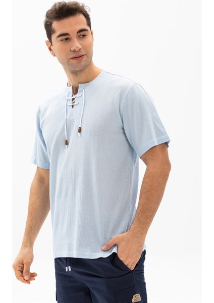 Kısa Kol Şile Bezi Zımbalı Erkek Tshirt Buz Mavi