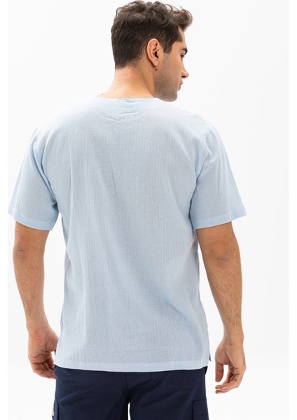Kısa Kol Şile Bezi Zımbalı Erkek Tshirt Buz Mavi