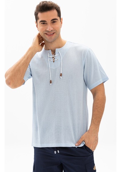 Kısa Kol Şile Bezi Zımbalı Erkek Tshirt Buz Mavi