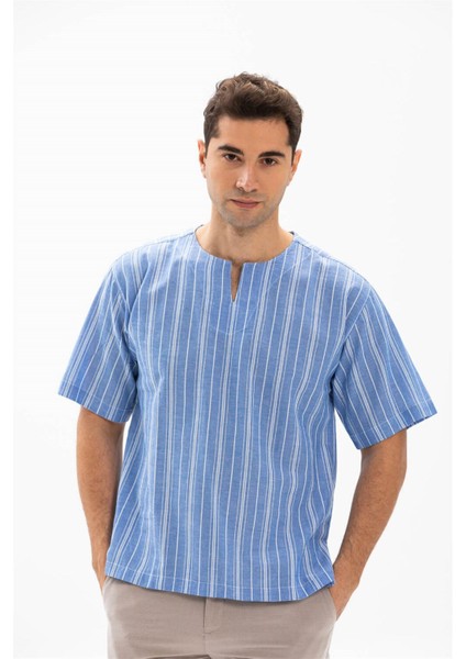 Büyük Beden Kısa Kol Şile Bezi Bisiklet Yaka Erkek Yazlık Tshirt Mavi Beyaz Çizgili 3019