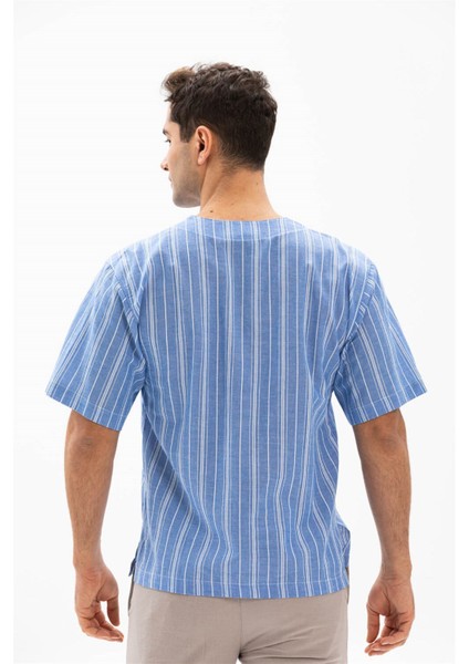Büyük Beden Kısa Kol Şile Bezi Bisiklet Yaka Erkek Yazlık Tshirt Mavi Beyaz Çizgili 3019