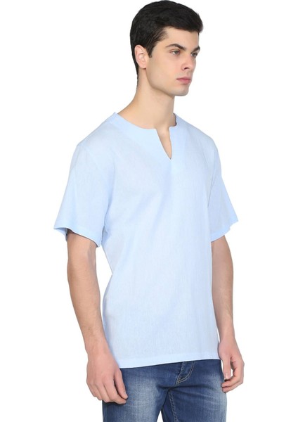 Büyük Beden Kısa Kol Şile Bezi Bisiklet Yaka Erkek Yazlık Tshirt Buz Mavi 3027