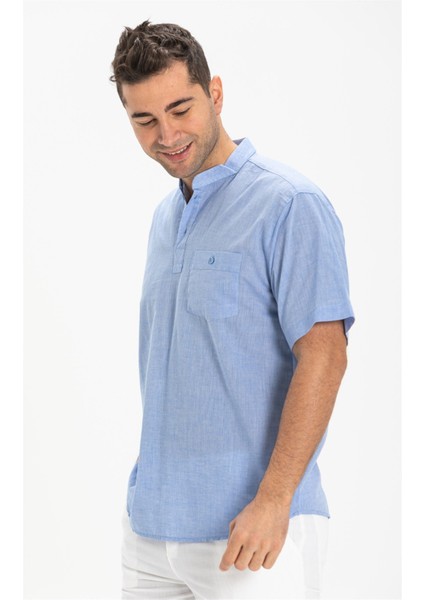 Büyük Beden Şile Bezi Kısa Kol Tek Cepli Hakim Yaka Erkek Yazlık Tshirt Mavi 3032