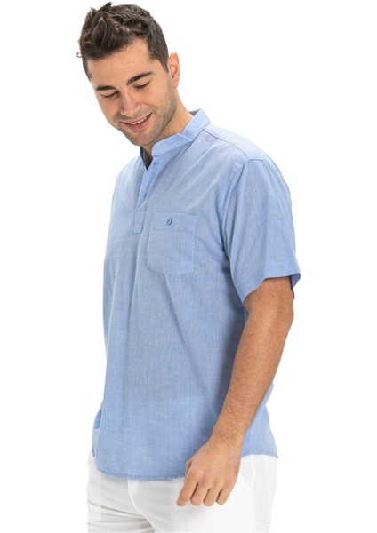Büyük Beden Şile Bezi Kısa Kol Tek Cepli Hakim Yaka Erkek Yazlık Tshirt Mavi 3032