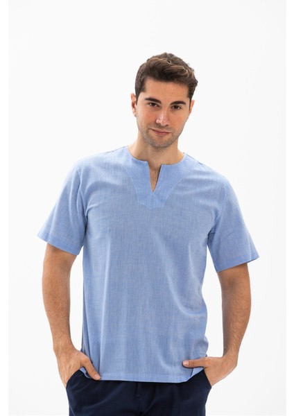 Büyük Beden Kısa Kol Şile Bezi Bisiklet Yaka Erkek Yazlık Tshirt Mavi 3032