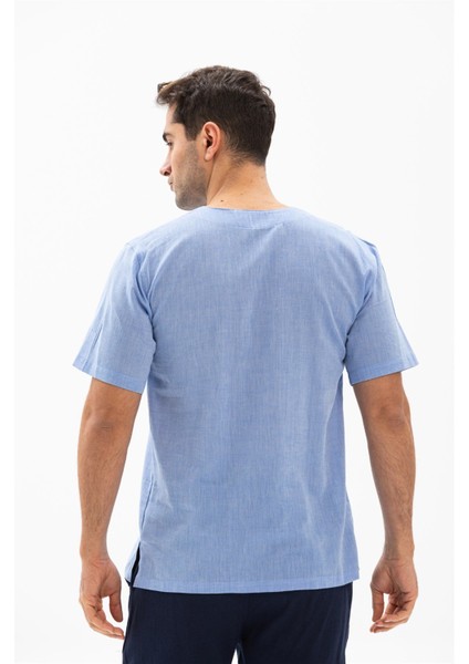 Büyük Beden Kısa Kol Şile Bezi Bisiklet Yaka Erkek Yazlık Tshirt Mavi 3032
