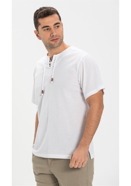 Büyük Beden Kısa Kol Şile Bezi Zımbalı Erkek Tshirt Beyaz