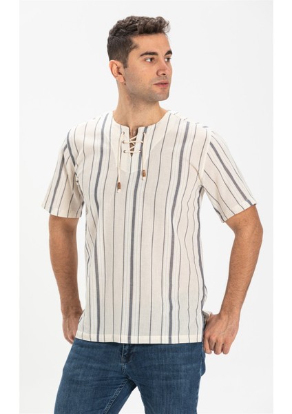 Büyük Beden Kısa Kol Şile Bezi Zımbalı Erkek Tshirt Ekru Gri Çizgili