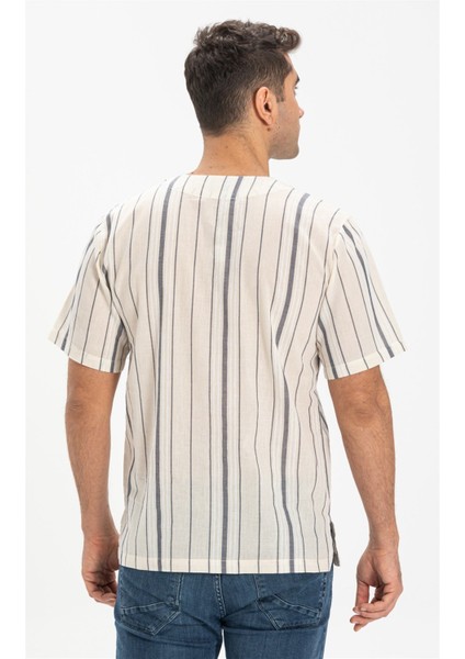 Büyük Beden Kısa Kol Şile Bezi Zımbalı Erkek Tshirt Ekru Gri Çizgili fiyatları