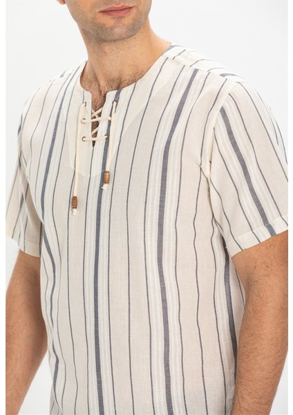 Büyük Beden Kısa Kol Şile Bezi Zımbalı Erkek Tshirt Ekru Gri Çizgili modelleri