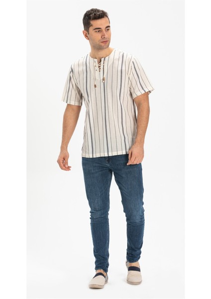 Büyük Beden Kısa Kol Şile Bezi Zımbalı Erkek Tshirt Ekru Gri Çizgili indirimleri