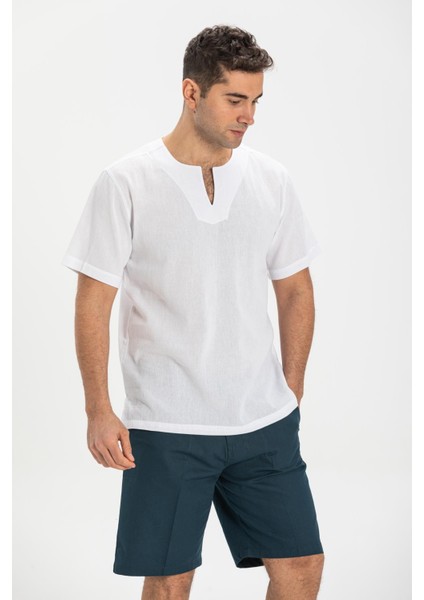 Büyük Beden Kısa Kol Şile Bezi Bisiklet Yaka Erkek Yazlık Tshirt Beyaz 3001