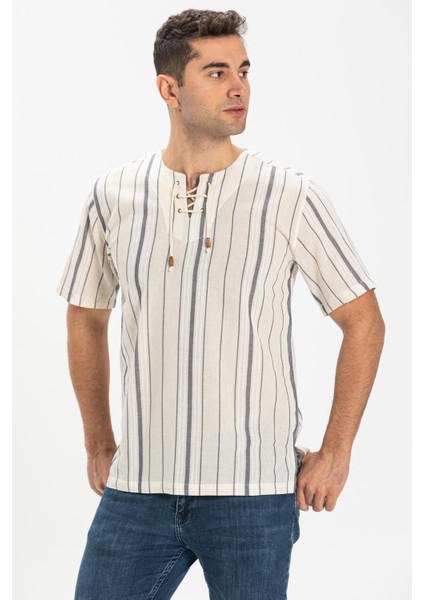 Kısa Kol Şile Bezi Zımbalı Erkek Tshirt Ekru Gri Çizgili