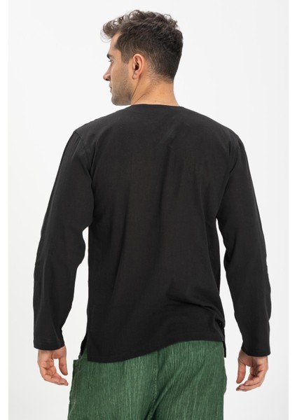 Uzun Kol Şile Bezi Zımbalı Erkek Tshirt Siyah