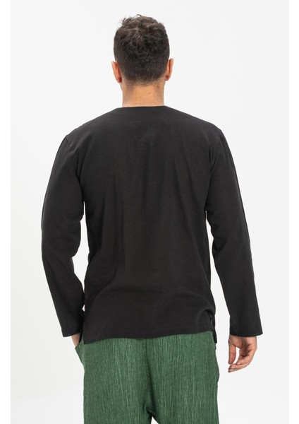 Uzun Kol Şile Bezi Zımbalı Erkek Tshirt Siyah