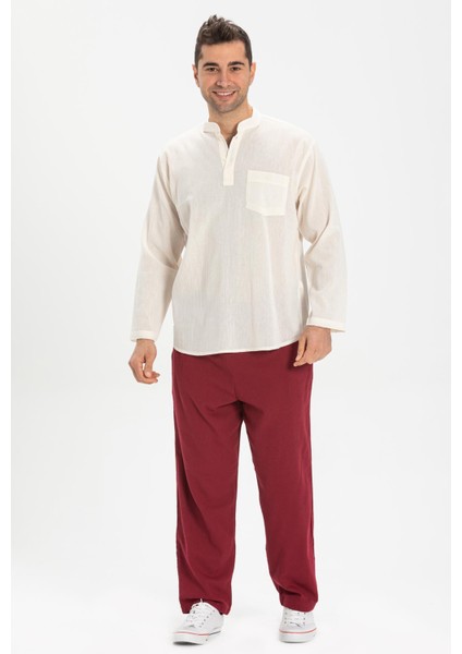 Büyük Beden Şile Bezi Uzun Kol Tek Cepli Hakim Yaka Erkek Yazlık Tshirt Krem 3002