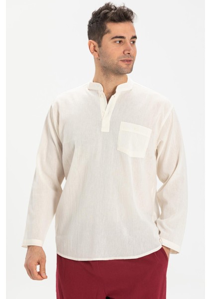 Büyük Beden Şile Bezi Uzun Kol Tek Cepli Hakim Yaka Erkek Yazlık Tshirt Krem 3002 modelleri