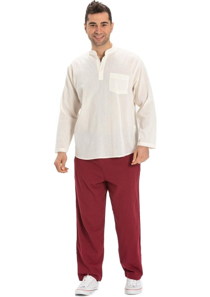 Büyük Beden Şile Bezi Uzun Kol Tek Cepli Hakim Yaka Erkek Yazlık Tshirt Krem 3002 indirimleri