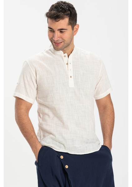 Kısa Kol Şile Bezi Bodrum Erkek T-Shirt Krem