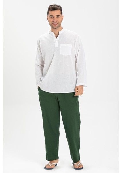 Büyük Beden Şile Bezi Uzun Kol Tek Cepli Hakim Yaka Erkek Yazlık Tshirt Beyaz 3001