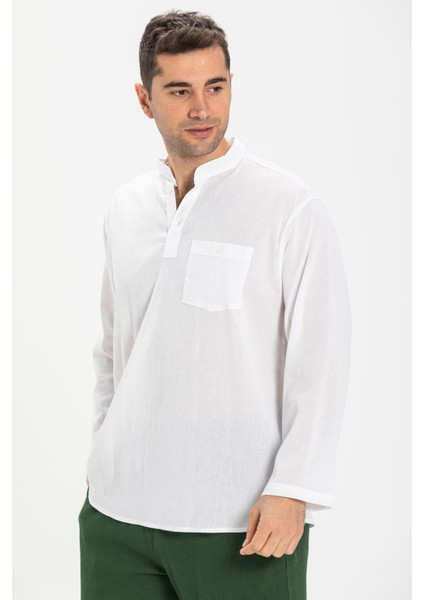 Büyük Beden Şile Bezi Uzun Kol Tek Cepli Hakim Yaka Erkek Yazlık Tshirt Beyaz 3001 modelleri