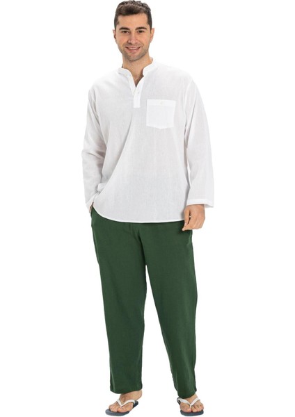 Büyük Beden Şile Bezi Uzun Kol Tek Cepli Hakim Yaka Erkek Yazlık Tshirt Beyaz 3001 indirimleri