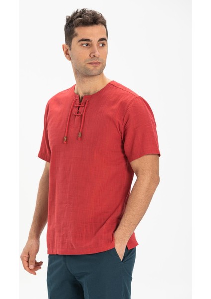 Kısa Kol Şile Bezi Zımbalı Erkek Tshirt Kırmızı