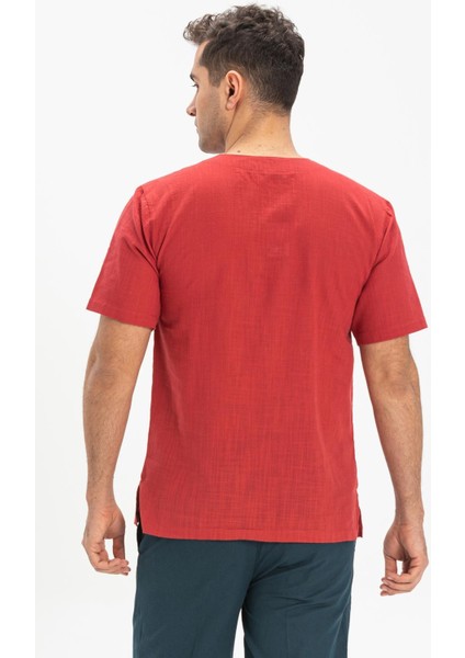 Kısa Kol Şile Bezi Zımbalı Erkek Tshirt Kırmızı