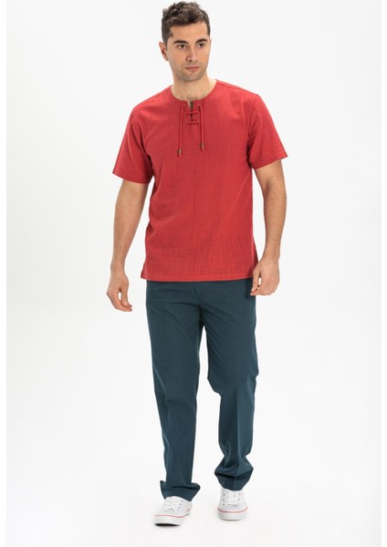 Kısa Kol Şile Bezi Zımbalı Erkek Tshirt Kırmızı