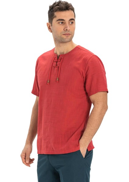 Kısa Kol Şile Bezi Zımbalı Erkek Tshirt Kırmızı