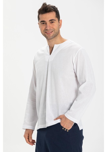 Büyük Beden Uzun Kol Şile Bezi Bisiklet Yaka Yazlık Tshirt Beyaz 3001