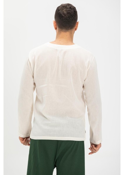 Büyük Beden Şile Bezi Uzun Kol Zımbalı Erkek Yazlık Tshirt Krem 3002