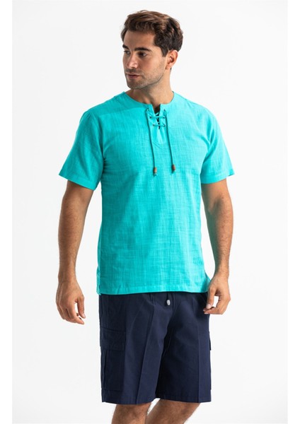 Kısa Kol Şile Bezi Zımbalı Erkek Tshirt Turkuaz modelleri