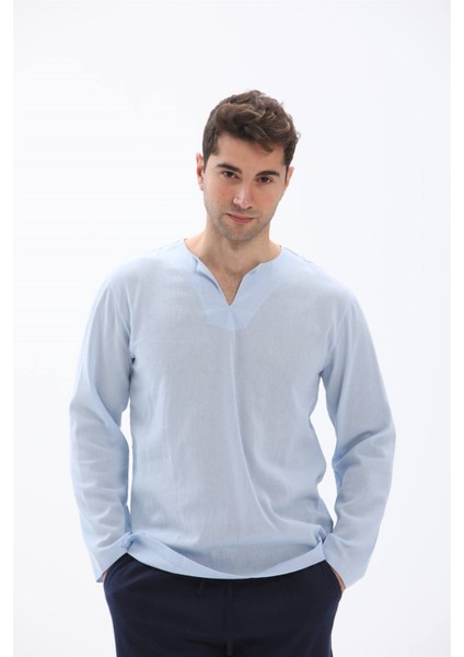 Büyük Beden Uzun Kol Şile Bezi Bisiklet Yaka Yazlık Tshirt Buz Mavi 3027 modelleri