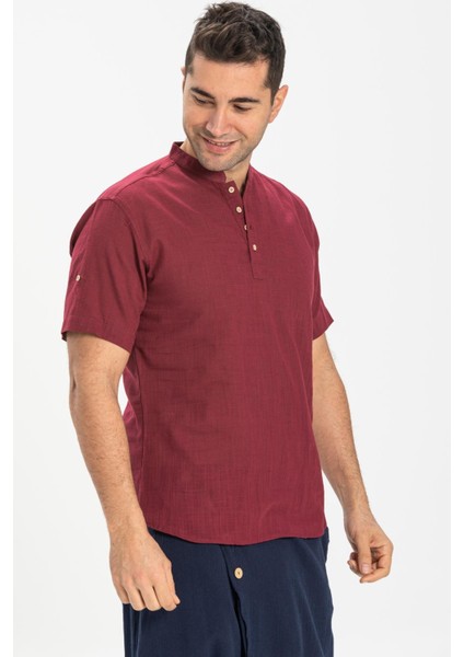 Kısa Kol Şile Bezi Bodrum Erkek T-Shirt Koyu Bordo