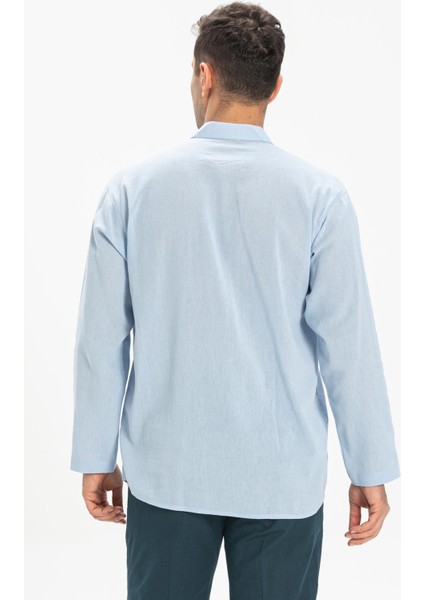 Uzun Kol Şile Bezi Hakim Yaka Erkek Tshirt Buz Mavi