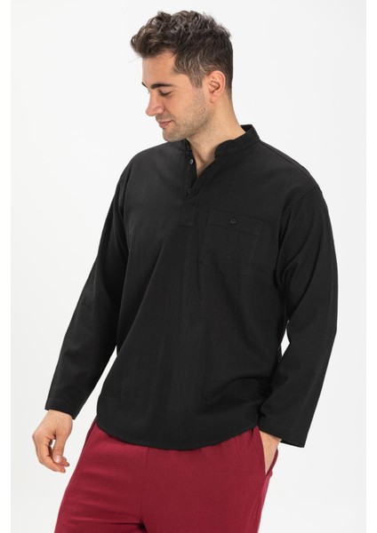 Büyük Beden Şile Bezi Uzun Kol Tek Cepli Hakim Yaka Erkek Yazlık Tshirt Siyah 3003 modelleri