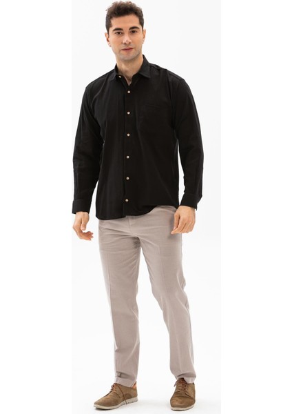 Büyük Beden Şile Bezi Tek Cepli Uzun Kol Erkek Yazlık Gömlek Siyah 3003