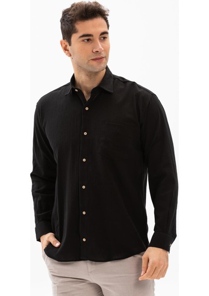 Büyük Beden Şile Bezi Tek Cepli Uzun Kol Erkek Yazlık Gömlek Siyah 3003 modelleri