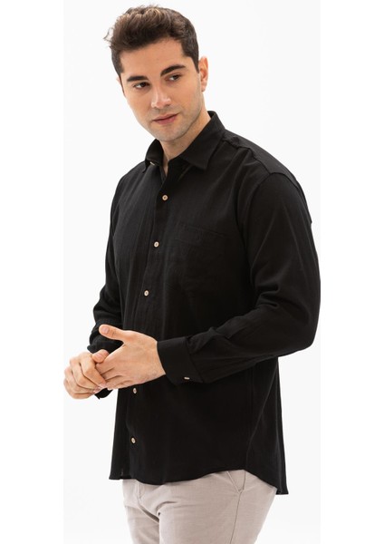 Büyük Beden Şile Bezi Tek Cepli Uzun Kol Erkek Yazlık Gömlek Siyah 3003 fırsatları