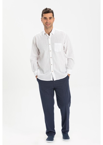 Büyük Beden Şile Bezi Tek Cepli Uzun Kol Erkek Yazlık Gömlek Beyaz 3001