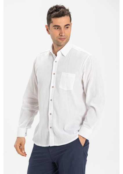 Büyük Beden Şile Bezi Tek Cepli Uzun Kol Erkek Yazlık Gömlek Beyaz 3001 modelleri